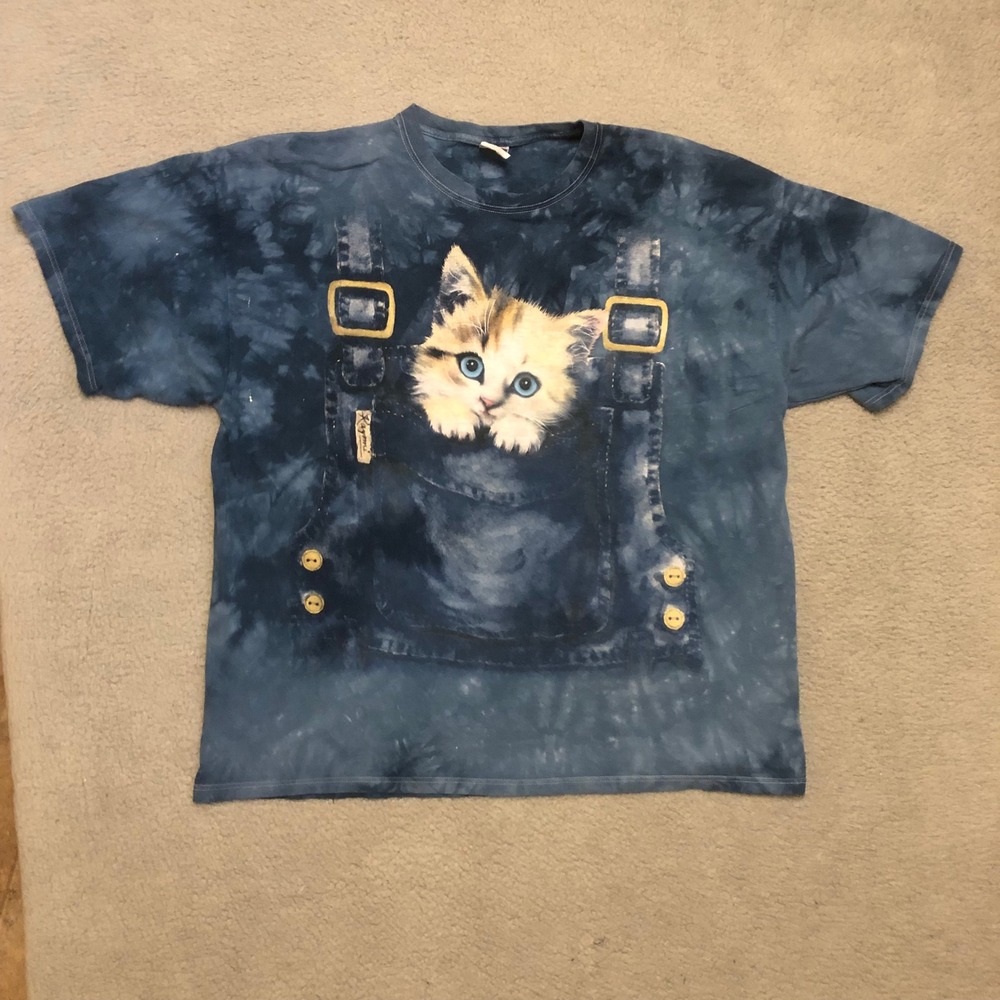 Kayomi Kitten in Overalls Tie Dye T-Shirt XL/2XL Blue Cat Graphic Mountain Style